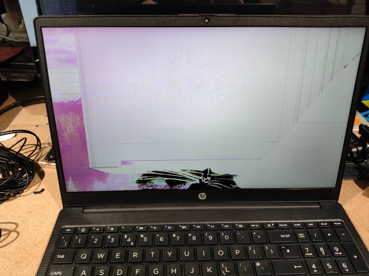 Laptop screen damage showing lines and ink bleed